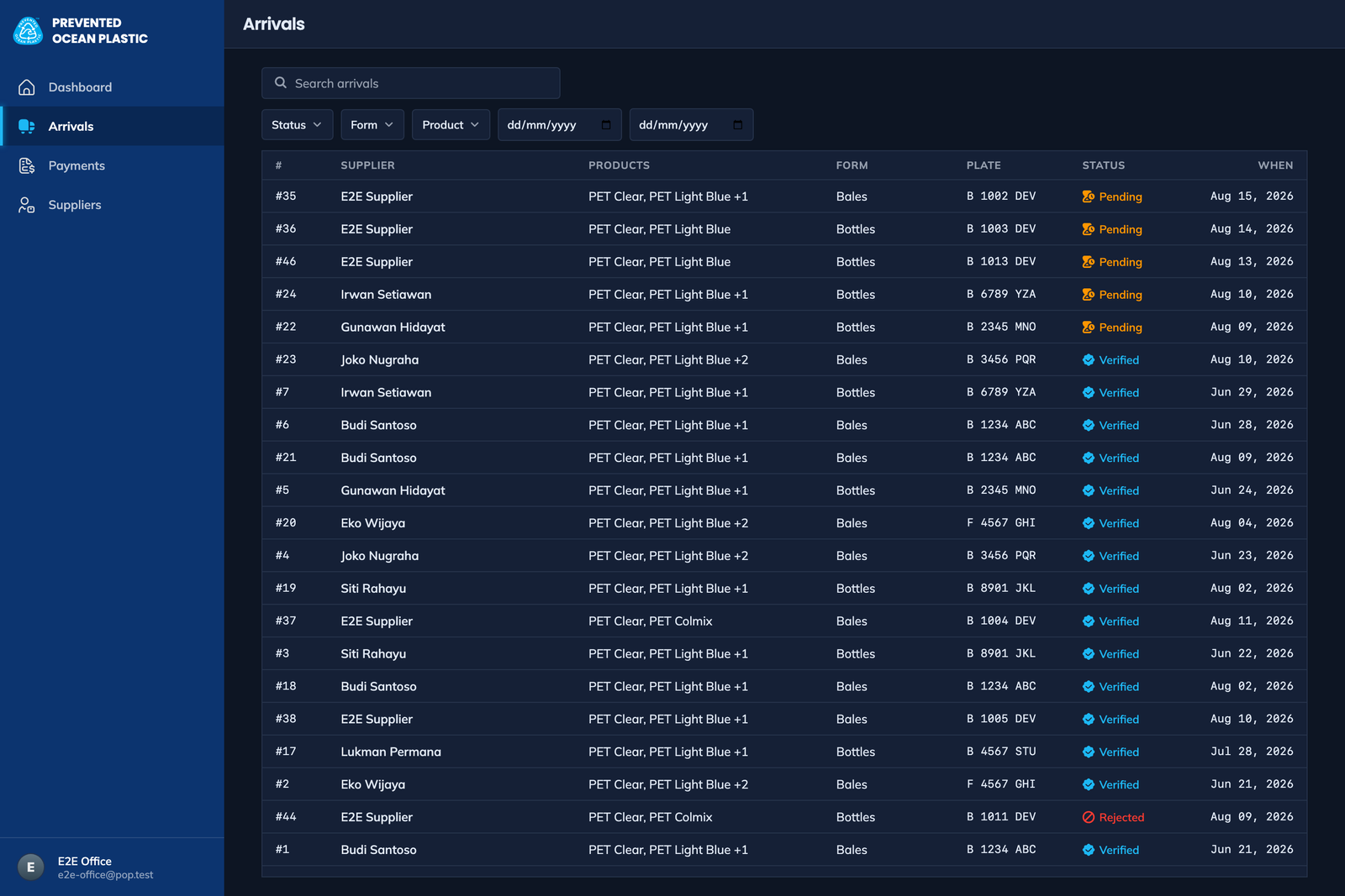 POP App on the web — arrivals table filtered by status, form, and product, each row showing supplier, products, and vehicle plate