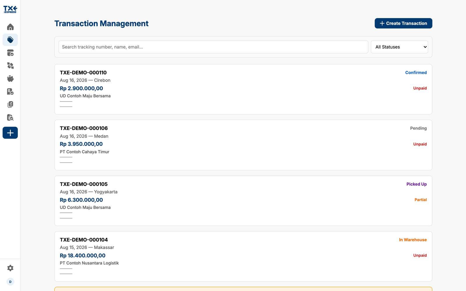 TXE Express shipment management list, each entry showing tracking number, destination, amount, and payment state