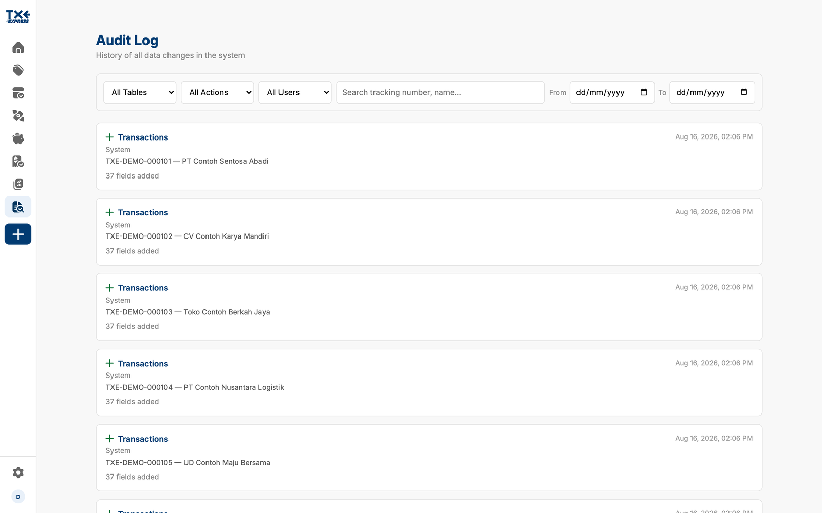 TXE Express shipment detail with status advancement, customer, service, and delivery information
