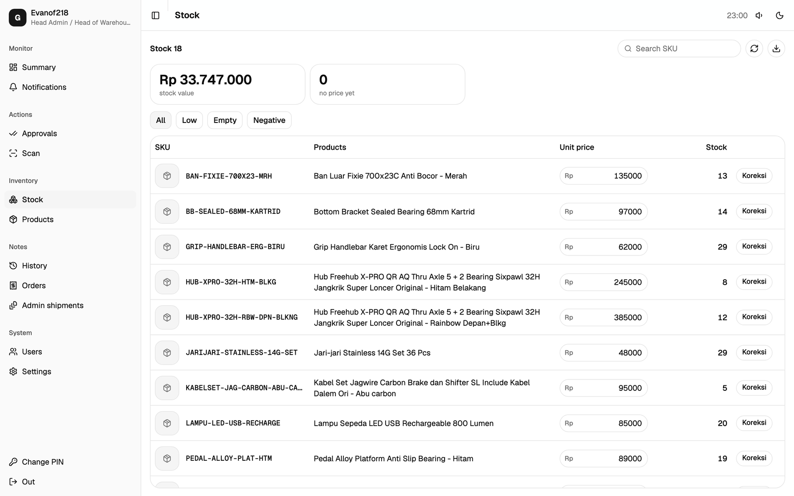 Warehouse Ops append-only stock ledger, showing each change with its balance, reason, and the staff member responsible