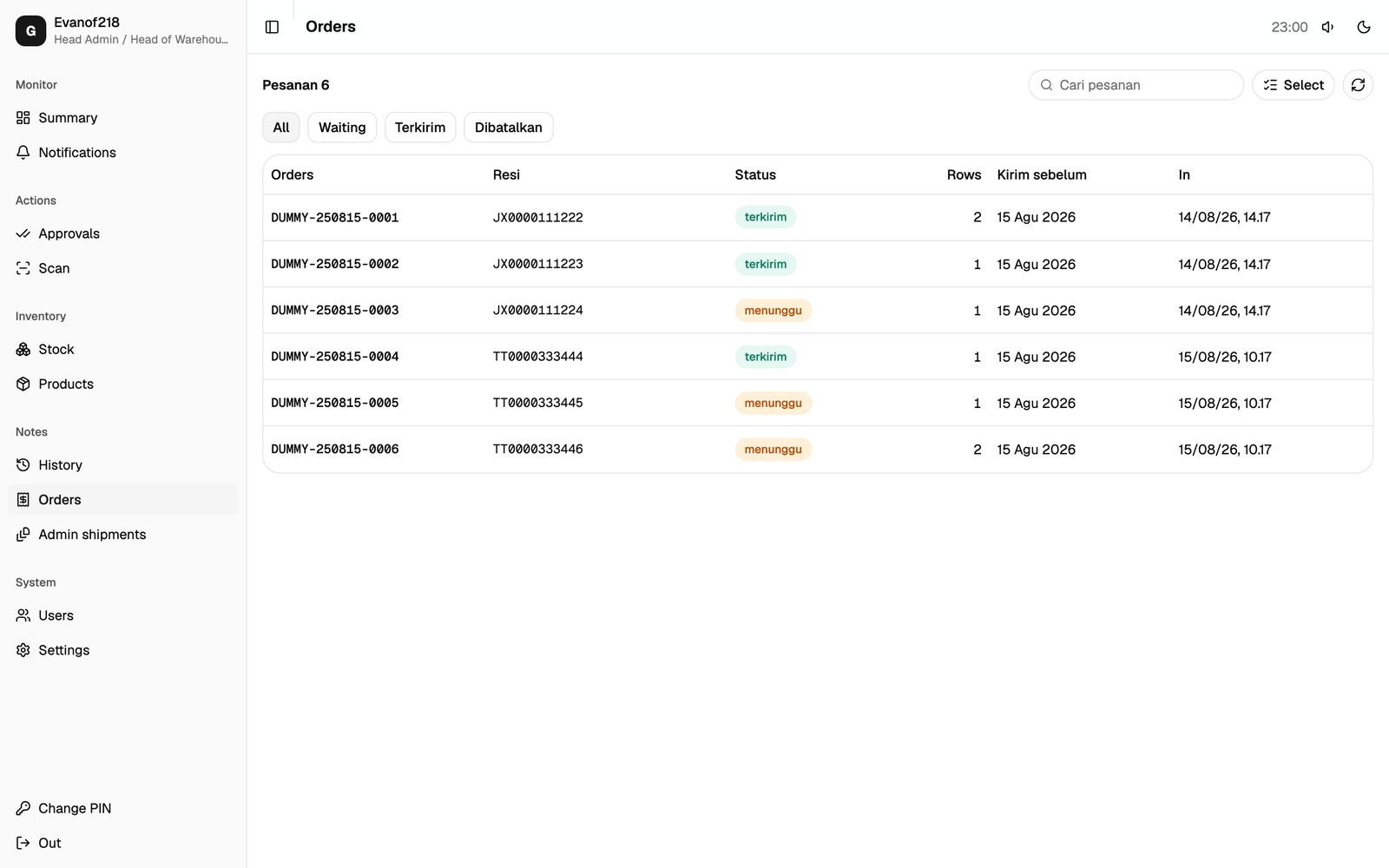 Warehouse Ops order list parsed from shipping-label PDFs, with tracking number and packing status